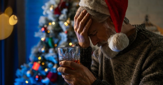 man drinking whiskey in front of Christmas tree